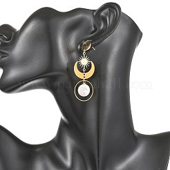 天然ケシパールと真鍮リンクコネクターーのスタッドピアス  サン＆ムーン  真鍮製のイヤリング金具を使用した女性用  ゴールドカラー  57x20mm&nbsp;EJEW-JE07457