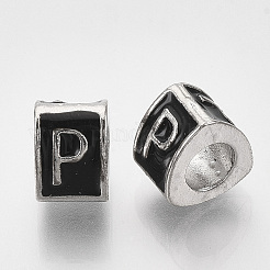 合金ヨーロピアンビーズ  エナメルスタイル  大穴ビーズ  文字付きの三角形  プラチナ  ブラック  文字.p  9.5x9x6.5mm  穴：5mm&nbsp;LS-MPDL-S038-09P