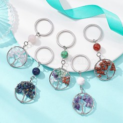 天然と合成の混合石チップ フラット ラウンド 生命の木付き kcychain  304ステンレススチール製金具付き  8cm&nbsp;KEYC-JKC00563
