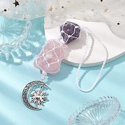 ナゲット 天然アメジスト＆ローズクォーツ ポーチ ペンダント デコレーション  合金の月と太陽のチャームと編組ナイロン糸の車用吊り下げ装飾品  230~235mm&nbsp;HJEW-JM01925-01