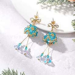 クリスマスベル、真鍮ガラス、ダングルスタッドピアス  ガラスパールビーズとキュービックジルコニア付き  ゴールドカラー  ライトスカイブルー  54~56x19mm&nbsp;EJEW-MZ00612-02