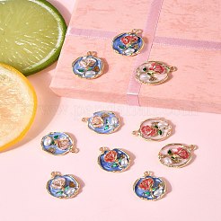 10本合金エナメルペンダント  ABSイミテーションパールとグリッターパウダー付き  花付きフラットラウンド  ラックめっき  長持ちメッキ  鉛フリー＆カドミウムフリー＆ニッケルフリー  ゴールドカラー  ミックスカラー  23.5x19.5x6mm  穴：1.8mm&nbsp;ENAM-FS0003-26