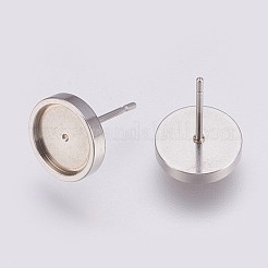 変色しない201ステンレススチールスタッドピアスセッティング  304ステンレスピン付き  フラットラウンド  ステンレス鋼色  トレイ：8mm  10x2mm  ピン：0.8mm&nbsp;STAS-I088-F-02P