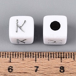 不透明なアクリルビーズ  文字付きのキューブ  シルバーライン入り  文字k  9~10x9~10x9~10mm  穴：4mm  約625個/500g&nbsp;SACR-T035-03K