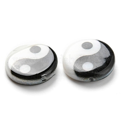 印刷された天然淡水シェルビーズ  陰陽フラットラウンドビーズ  ブラック  11~12x3~3.5mm  穴：0.8mm&nbsp;SHEL-R129-07B-01