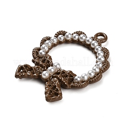合金ペンダント  花輪付き蝶結び  ABSの模造パールと  ココナッツブラウン  28x21.5x4mm  穴：1.6mm&nbsp;PALLOY-Q008-02A
