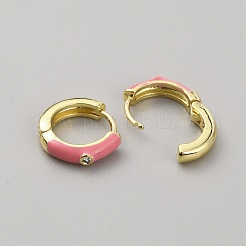 クリアキュービックジルコニアを使用したエナメルフープピアス  女性のためのライトゴールドブラスジュエリー  ショッキングピンク  12.5x13.5x3mm  ピン：1mm&nbsp;EJEW-WH0004-39C