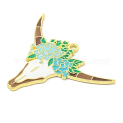 合金エナメルチャーム  ゴールドカラー  花飾りの牛の頭  キャメル  34x45.5x2.5mm  穴：2mm  10個/セット&nbsp;FIND-Z049-02A-03G