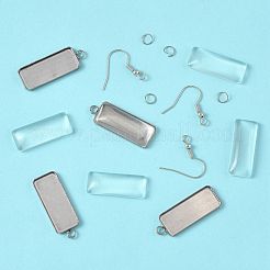 長方形のダングルイヤリングのDIYキット  鉄製のピアスフックとオープン丸カンを含む  304ステンレススチールペンダントカボションセッティングとガラスカボション  プラチナ＆ステンレス鋼色  25x10x5mm&nbsp;DIY-FS0009-20
