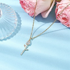 バラの花の真鍮キュービックジルコニアペンダントネックレス  女性用304ステンレススチールアズキチェーンネックレス  ゴールドカラー  透明  18.31~18.43インチ（46.5~46.8cm）&nbsp;NJEW-JN05055-02