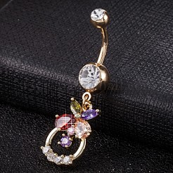ピアス  真鍮製キュービックジルコニアへそピアス  ベリーリング  サージカルステンレスバー付  カドミウムフリー＆鉛フリー  18KGP本金メッキ  花籠  カラフル  41x12mm  バー: 15 ゲージ (1.5mm)  バーの長さ: 3/8