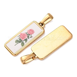 304ステンレスペンダント  花のチャームが付いた長方形  ゴールドカラー  28.5x11.5x2mm  穴：3x6.5mm&nbsp;STAS-D267-02F-G