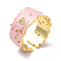 エナメル バタフライとハート オープン カフ リング クリア キュービック ジルコニア  女性のための金メッキ真鍮ジュエリー  カドミウムフリー＆鉛フリー  ミックスカラー  usサイズ6 1/2(16.9mm)&nbsp;RJEW-G254-02G