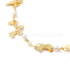 女性用真鍮ハート & ABS プラスチックパールビーズリンクチェーンブレスレット  24KGP本金メッキ  7-1/8インチ（18.2cm）&nbsp;BJEW-G672-07G