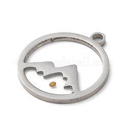 変色しない201ステンレススチールペンダント  山のチャーム入りフラットラウンド  ステンレス鋼色  28.5x25x2mm  穴：3mm&nbsp;LS-STAS-D041-17P