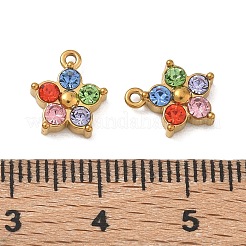 304ステンレススチール、ラインストーンペンダント付き  花のチャーム  イオンプレーティング（ip）  ゴールドカラー  10.5x9x3mm  穴：1.1mm&nbsp;SA-CBA49D2-08G-01