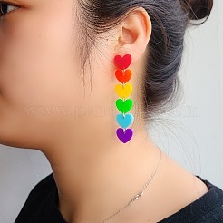 虹色のプライドフラッグアクリルハートダングルスタッドピアス  女性用真鍮ロングドロップピアス  カラフル  75x15mm&nbsp;RABO-PW0001-012P