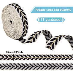約10.5~11ヤードのエスニックスタイルのポリコットンジャカードリーフリボン  服飾材料  ブラック  1インチ（25mm）&nbsp;OCOR-GO0001-15E