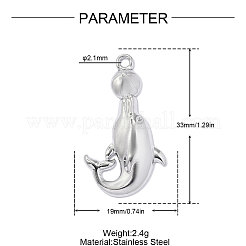 304ステンレスペンダント  イルカのチャーム  鏡面研磨仕上げ  ステンレス鋼色  33x19mm  穴：2.2mm&nbsp;STAS-OY019-47P