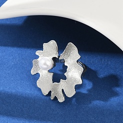 女性用 ABS プラスチック パール カフ リング付き真鍮  花  長持ちメッキ  カドミウムフリー＆鉛フリー  ラックめっき  プラチナ  29.5x29.5mm  内径：15.5mm&nbsp;RJEW-M075-01P