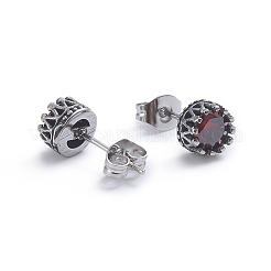 レトロ 304 ステンレス スタッド イヤリング  キュービックジルコニアとイヤーナット付き  クラウン  レッド  アンティークシルバー  6.5mm  ピン：0.6mm&nbsp;LS-EJEW-L248-046AS