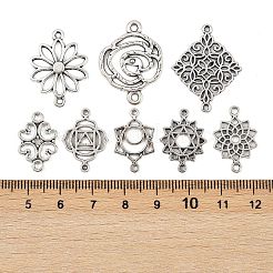 40個8スタイルチベットスタイルの合金リンク/コネクター  花の混合形状  アンティークシルバー  13~26x14~22x1~2mm  穴：1~2mm  5個/スタイル&nbsp;TIBE-FP0001-18