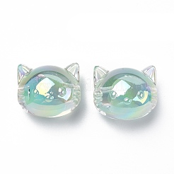 UVメッキレインボー虹色アクリルビーズ  ツートンカラーの二層ビーズ  猫  ミディアムアクアマリン  16x18.5x14.5mm  穴：3.5mm&nbsp;OACR-H015-05D