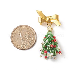 クリスマステーマのガラスビーズのツリーブローチ  バックパックの服用の金色の真鍮のちょう結びラペルピン  カラフル  49mm&nbsp;JEWB-TA00009