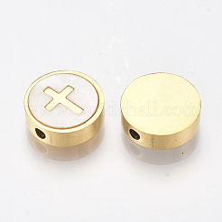 304ステンレススチールビーズ  シェルと  クロスとフラットラウンド  ゴールドカラー  10x3mm  穴：1.6mm&nbsp;STAS-T045-14G