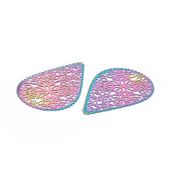 ステンレスペンダント201個  エッチングされた金属装飾  ティアドロップ  虹色  40x26.5x0.3mm  穴：1mm&nbsp;STAS-B038-09MC