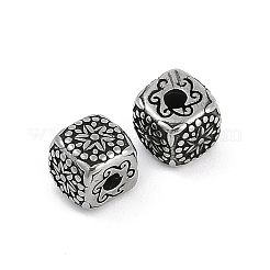 304ステンレススチールビーズ  花模様の立方体  アンティークシルバー  6x7x7mm  穴：1.8mm&nbsp;STAS-M090-05AS