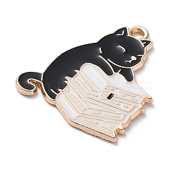 合金エナメルチャーム  ライトゴールド  本のチャームを持った猫  ブラック  26.5x22.5x1.5mm  穴：1.8mm&nbsp;ENAM-A146-04KCG-01