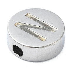 変色しにくい304ステンレススチールビーズ  アルファベット付きフラットラウンド  ステンレス鋼色  文字N  8x3mm  穴：1.6mm&nbsp;STAS-H219-15P-N
