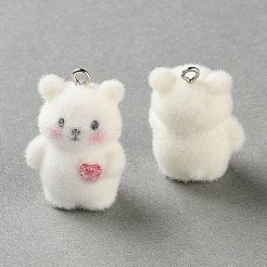 不透明樹脂のペンダント  ハートチャーム付きクマ  プラチナ鉄ループ付き  ホワイト  29.5x20x15mm  穴：2mm&nbsp;RE-CBA4F9B-06