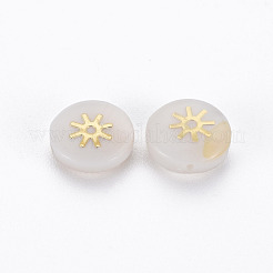 天然淡水シェルビーズ  金メッキ真鍮金属装飾付き  太陽とフラットラウンド  貝殻色  8x4.5mm  穴：0.6mm&nbsp;SHEL-N003-22-10