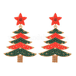 クリスマスツリー合金＆アクリルビーズダングルスタッドピアス（女性用）  真鍮ピンと  ゴールドカラー  レッドオレンジ  56x38mm&nbsp;EJEW-G406-01G-02