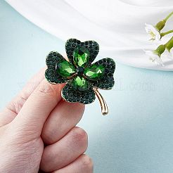 キュービックジルコニア クローバー ブローチピン  バックパックの服のための黄金の合金のバッジ  グリーン  42x50mm&nbsp;JBR105A