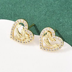 真鍮マイクロパヴェキュービックジルコニアペンダント＆スタッドピアスセット（女性用）  18KGP本金メッキ  ハート  10.5x11.5mm  16.5x18x3.5mm  穴：5x3.5mm&nbsp;SJEW-F227-01M-G