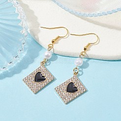 合金クリスタルラインストーン長方形ハートダングルイヤリング  イミテーションパールアクリルビーズドロップイヤリング、エナメル付き  ブラック  47~55x18mm&nbsp;EJEW-JE05491-04