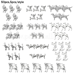 50個 10スタイル チベットスタイル 合金犬チャーム  アンティークシルバー  10.5~24.5x11.5~23.5x2~4.5mm  穴：1.5~3x1.5~4mm  5個/スタイル&nbsp;FIND-YW0004-83