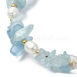 天然アクアマリンチップ＆パールビーズブレスレット  304ステンレススチール留め具付き  7-1/4インチ（18.3cm）&nbsp;BJEW-TA00349-03
