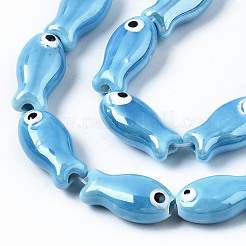 手作りの磁器セラミックビーズ連売り  手描き  光沢釉の磁器  魚  ドジャーブルー  19x10x8mm  穴：1.5mm  約17個/連  12.40インチ（31.5cm）&nbsp;PORC-T006-03P