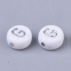 メッキアクリルビーズ  シルバーライン入り  水平穴  アルファベット付きフラットラウンド  ホワイト  文字.g  7x4mm  穴：1.2mm&nbsp;X-PACR-R243-04G