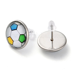 スポーツボールガラス＆304ステンレススチールスタッドピアス（女性用）  ステンレス鋼色  サッカー  15.5mm&nbsp;LS-EJEW-H005-01P-02