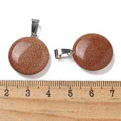 合成ゴールドストーン金砂石ペンダント  201ステンレススチール製金具付き  フラットラウンド  24x20x7mm  穴：4x7mm&nbsp;G-B127-14P-08