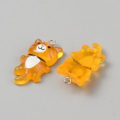 ルミナス透明レジンペンダント  猫のチャーム  鉄のループとグリッターパウダー付き  暗闇で光る  ダークオレンジ  30x15.5x7mm  穴：2mm&nbsp;FIND-CJC0437-029P-06