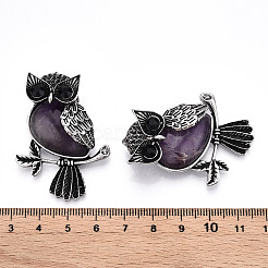 天然石アメジストペンダント  アンティークシルバーメッキのフクロウチャームとブラックガラス  フクロウ  45x33.5x19mm  穴：8x9.5mm&nbsp;G-H308-01AS-08