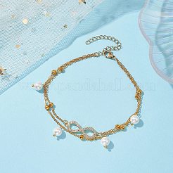 304ステンレススチール、シェルパールビーズ、キュービックジルコニアアンクレット  無限大  ゴールドカラー  8-1/2インチ（21.6cm）&nbsp;AJEW-AN00609