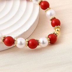 女性用腹筋模造真珠ラウンドビーズストレッチブレスレット  真鍮のビーズで  カドミウムフリー＆鉛フリー  ラックめっき  長持ちメッキ  18KGP本金メッキ  ミックスカラー  内径：2インチ（5.2cm）&nbsp;BJEW-D317-10B-G