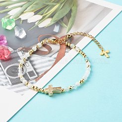 女の子の女性のためのクロスキュービックジルコニアビーズブレスレット  天然石＆真鍮ビーズブレスレット  ゴールドカラー  7-5/8インチ（19.5cm）&nbsp;BJEW-JB06848